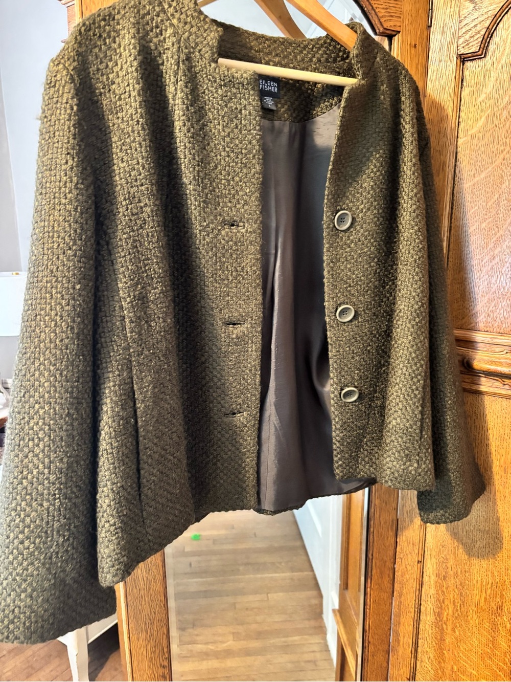 Eileen Fisher Olive Textured Knit Collarless Jacket